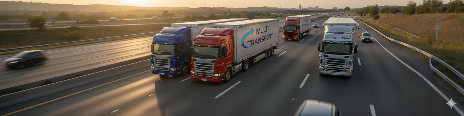 Multitransport tractor units with curtain-side trailers on a motorway at sunset
