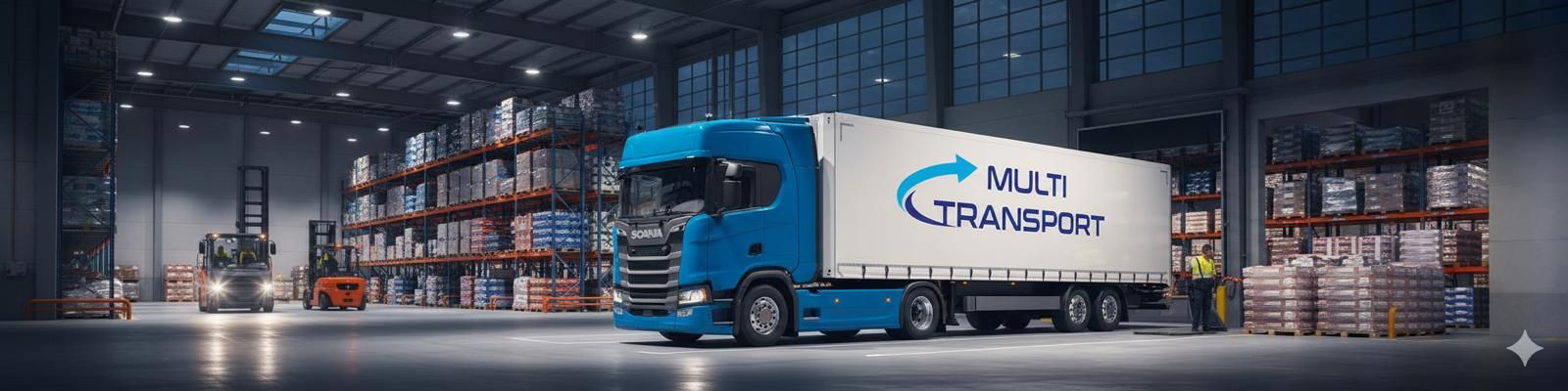 Multitransport truck at a warehouse loading bay, with palletised goods and forklifts